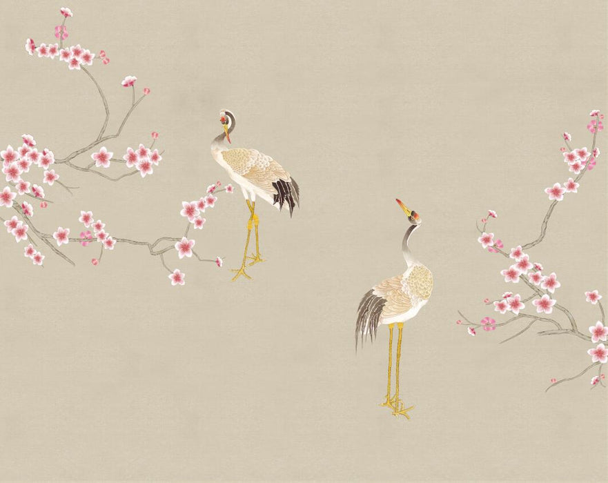 Wallpaper: Two cranes elegantly standing beside pink plum blossom branches