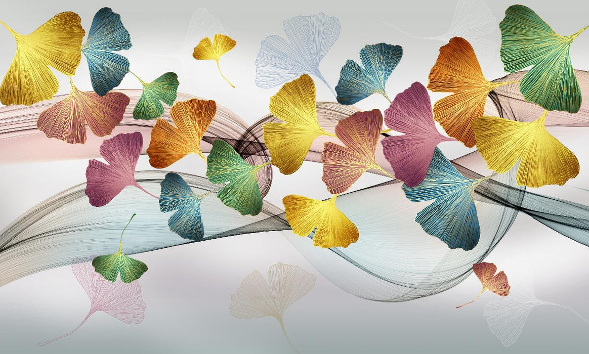 Wallpaper with many colorful ginkgo leaves