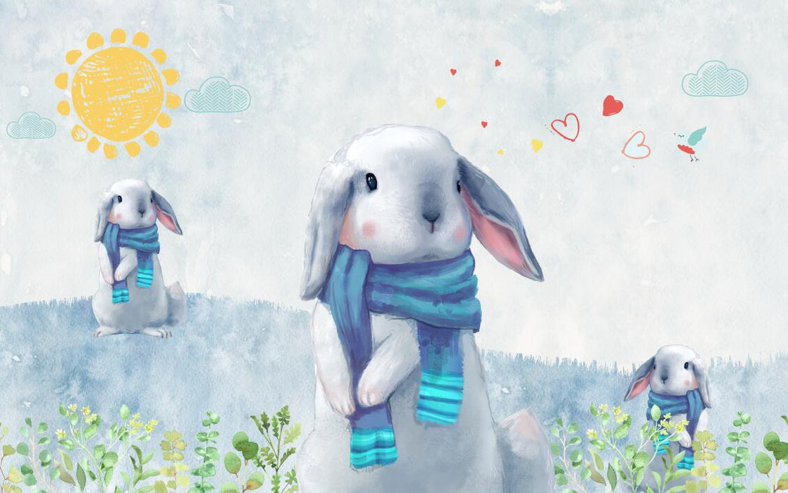 Wallpaper murals are warm and cute, with rabbits wearing blue scarves,