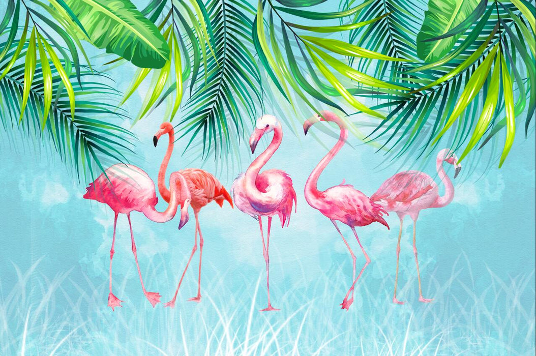 Pink flamingo standing on light blue wallpaper mural