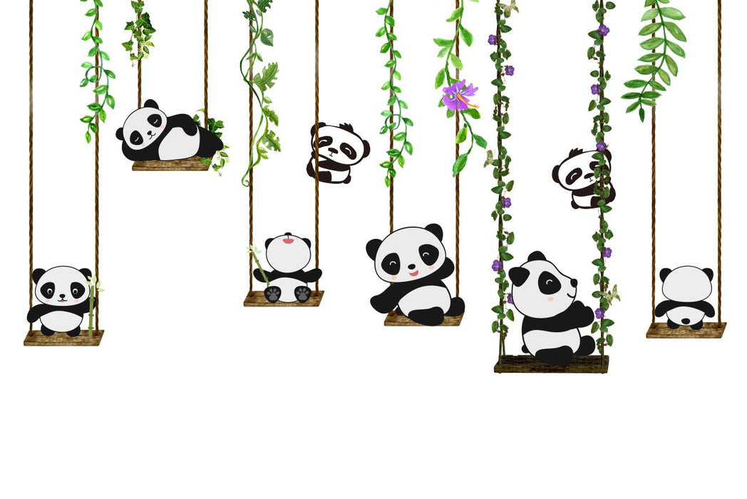 Wallpaper murals, cute pandas playing on vines