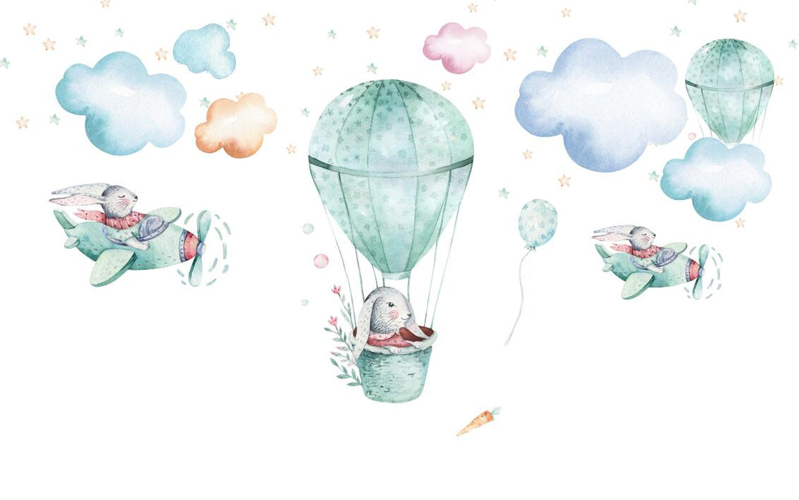 Wallpaper cute little animals sitting in hot air balloons and small planes