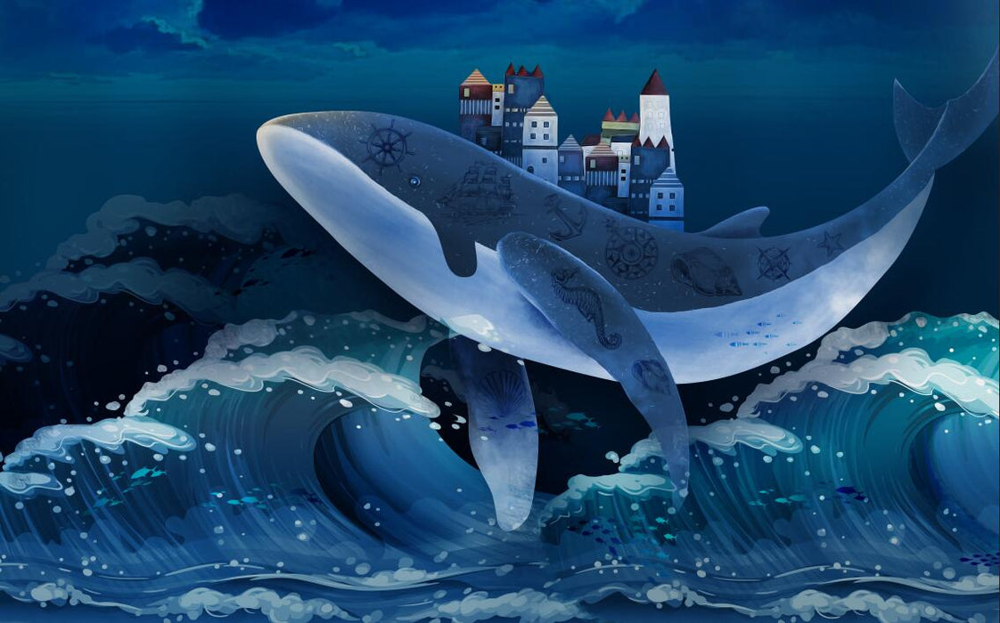 Wallpaper/Mural/Giant Whales Leaping Out of the Deep Blue Sea Surface