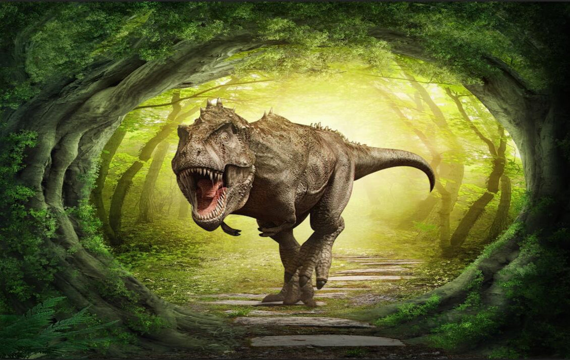 Dinosaurs rushed out of the tunnel surrounded by wallpaper and green plants