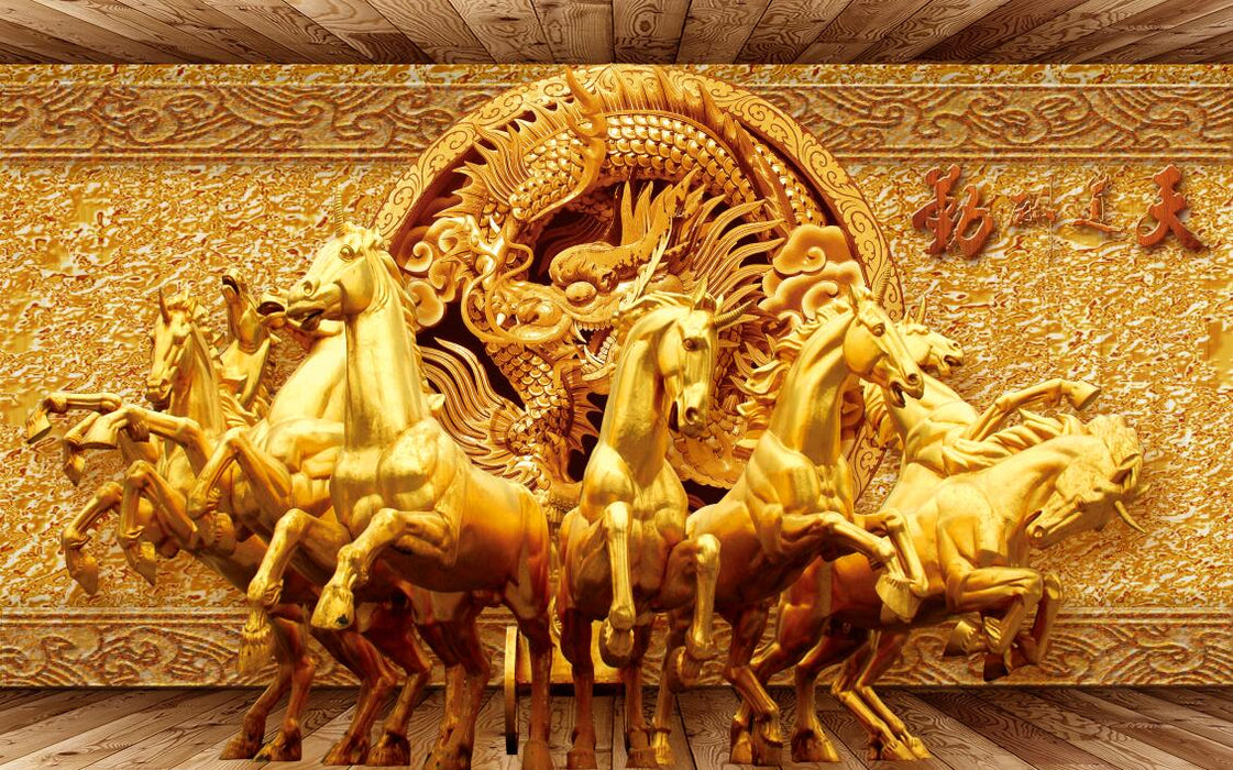 Luxurious wallpaper and spectacular golden sculpture of a galloping horse