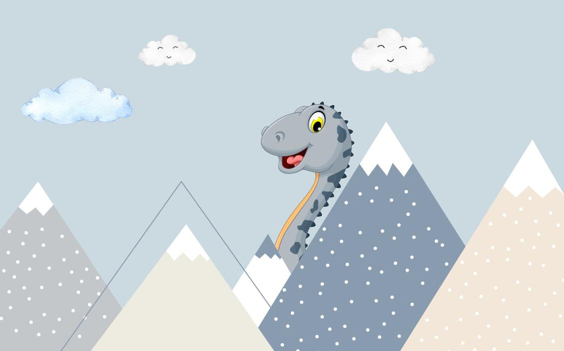 Children's room wallpaper: A cute dinosaur peeks out its head from behind the mountain peak