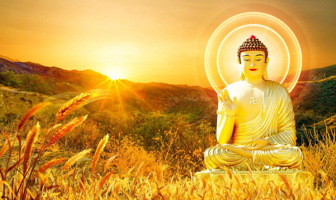 A golden Buddha statue wallpaper mural