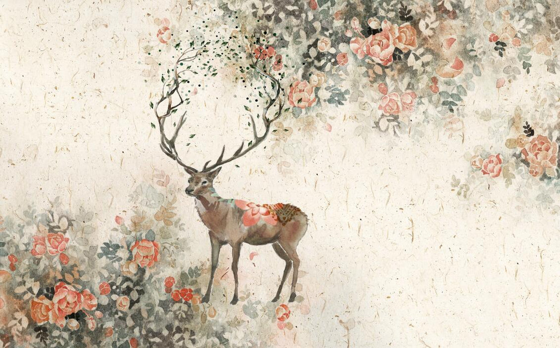 Dreamlike, with green plants wrapped around the antlers, wallpaper, and murals