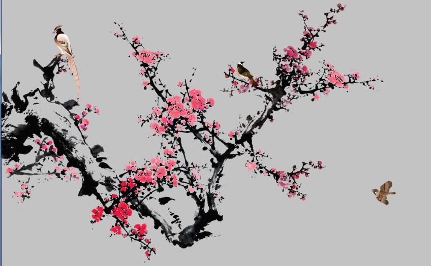 Blooming Plum Blossoms and Birds Wallpaper Mural