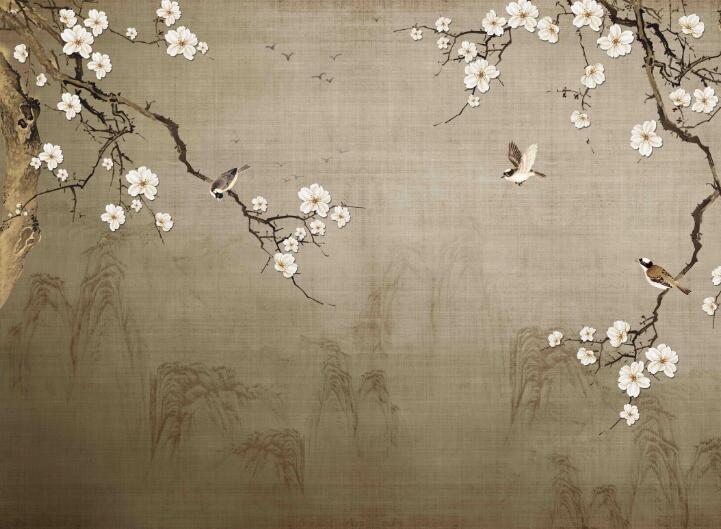 Blooming white flower branch bird wallpaper mural