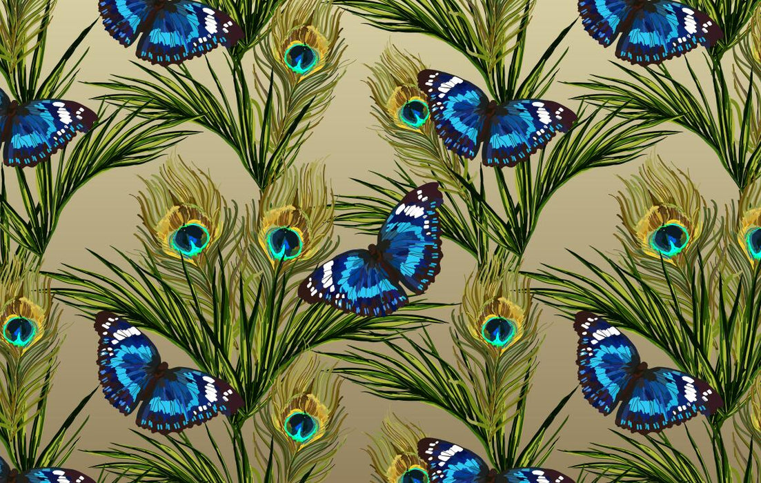 Blue black butterfly and green peacock feather wallpaper mural