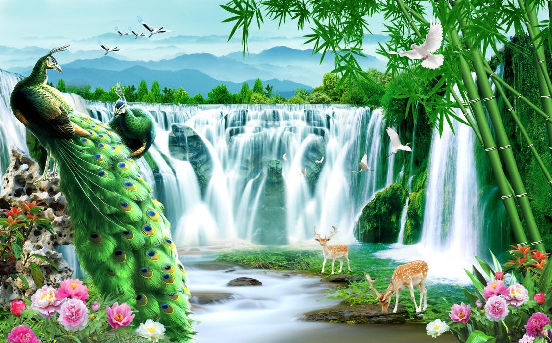 Emerald bamboo forest waterfall, wallpaper murals