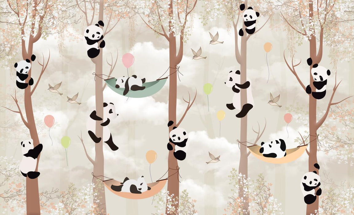 Cute and playful panda branches, bird wallpapers, murals