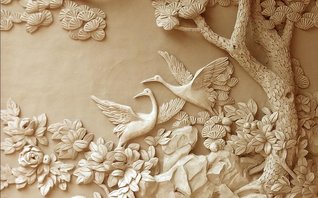 Carving cranes spreading their wings wallpaper murals