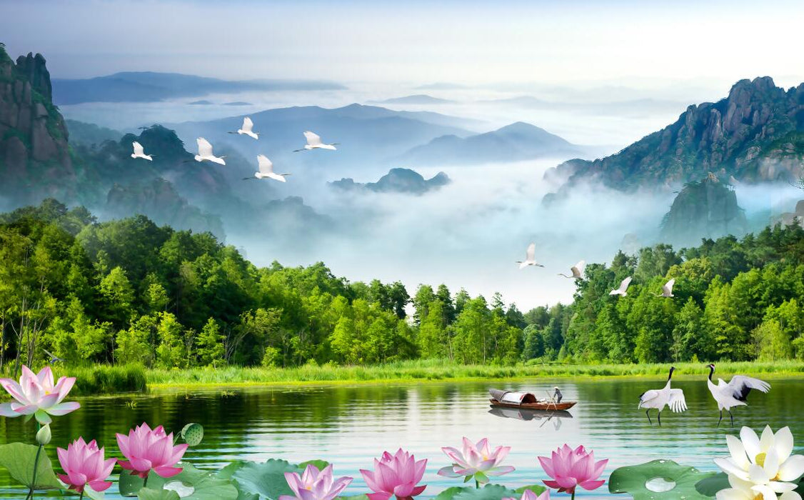 Lotus flowers float on the lake, with wallpaper and murals