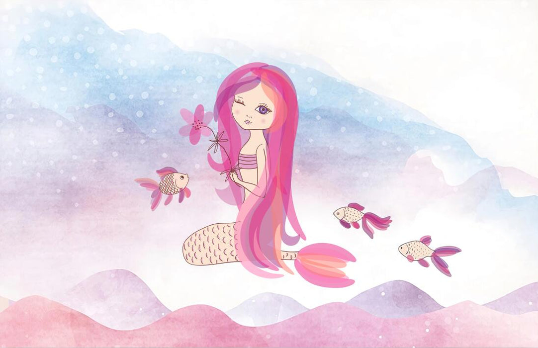 Children's dreamy color pink mermaid, wallpaper mural