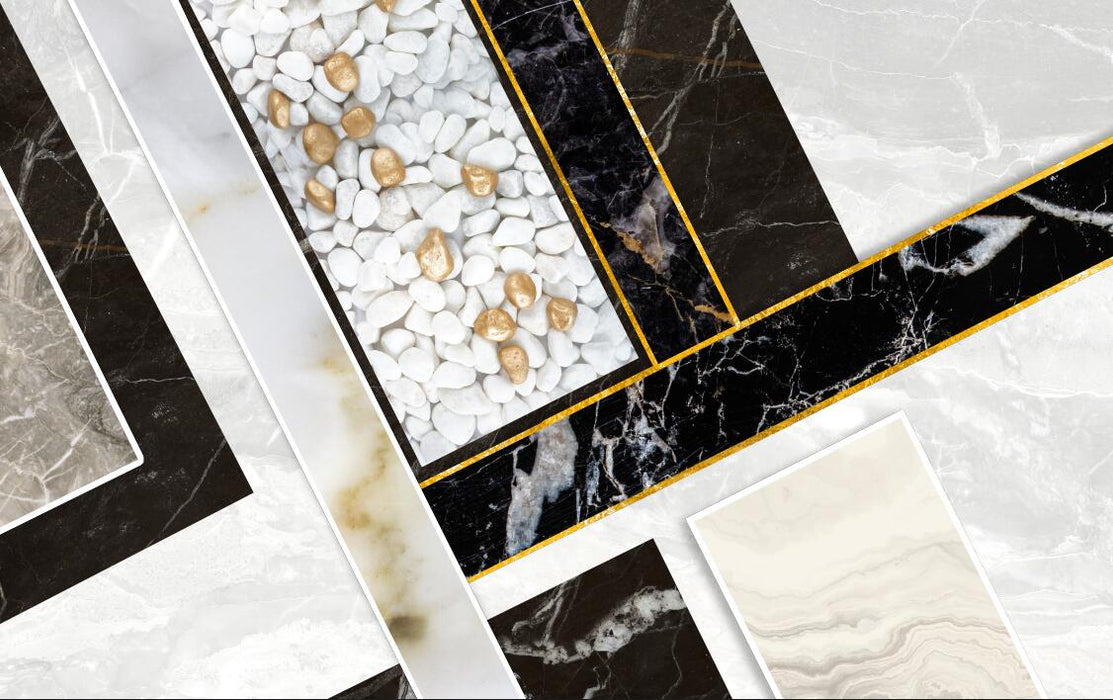 Clever splicing of marble panels with different textures in wallpaper