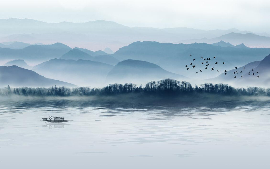 The elegant ink painting on the wallpaper depicts the misty and undulating distant mountains