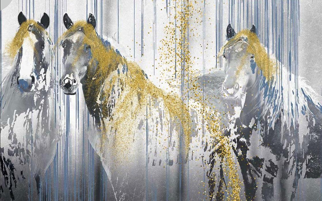 The gray and white background of the wallpaper highlights the agile postures of three horses