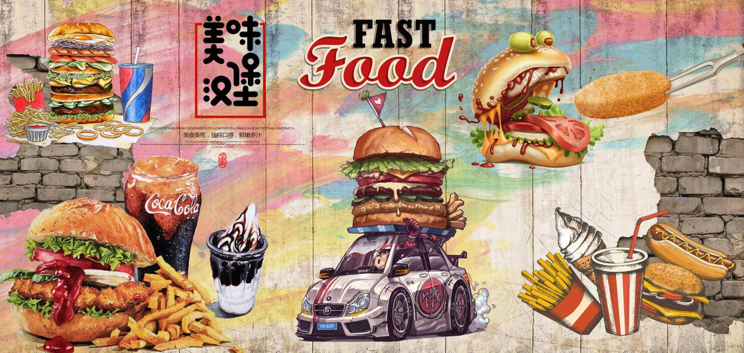 Vibrant wallpaper murals featuring hamburgers, french fries, cola, and ice cream