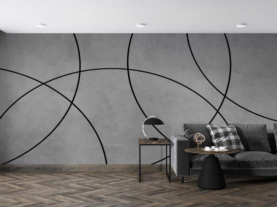 Wallpaper composed of black circles and arcs of different sizes