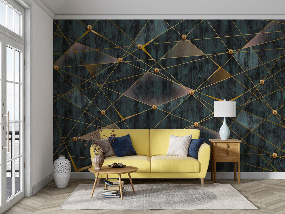 Geometric shapes composed of golden lines in wallpaper and murals