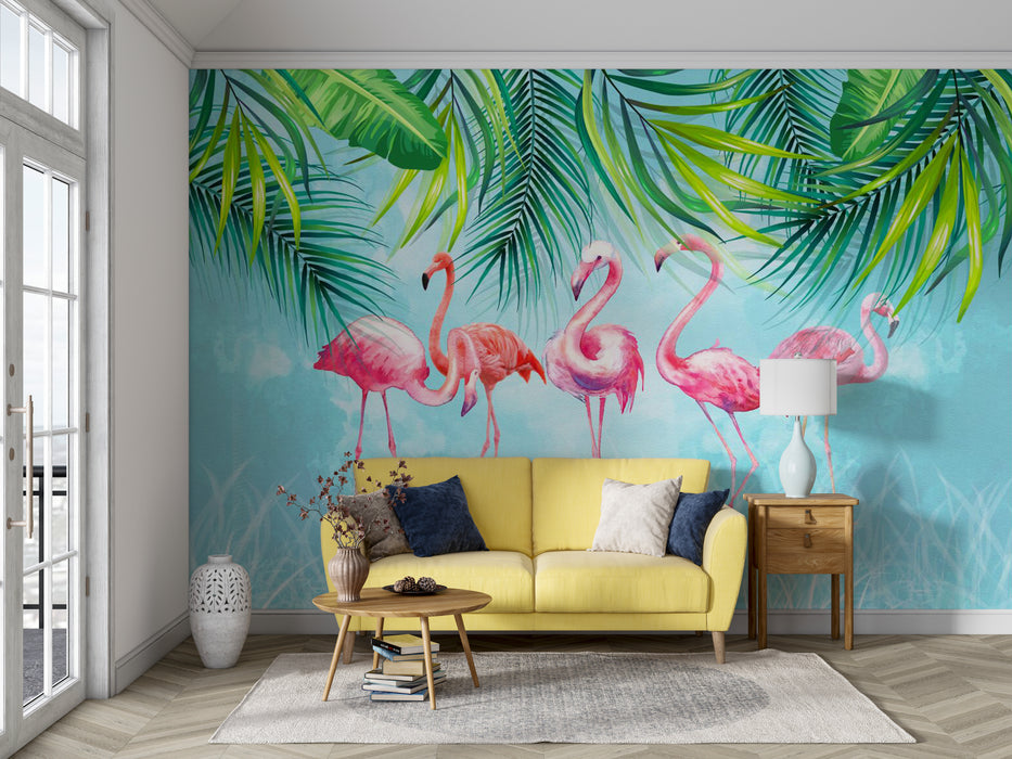 Pink flamingo standing on light blue wallpaper mural