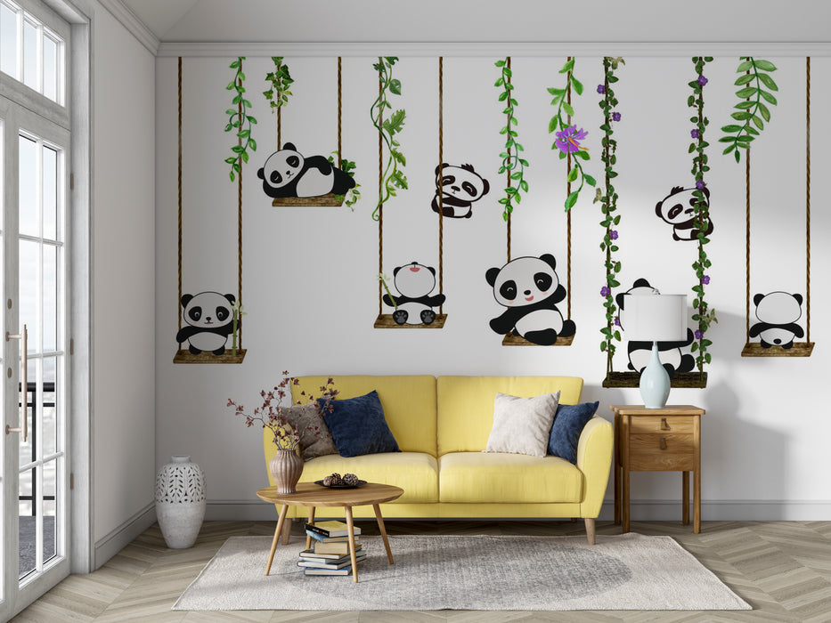 Wallpaper murals, cute pandas playing on vines