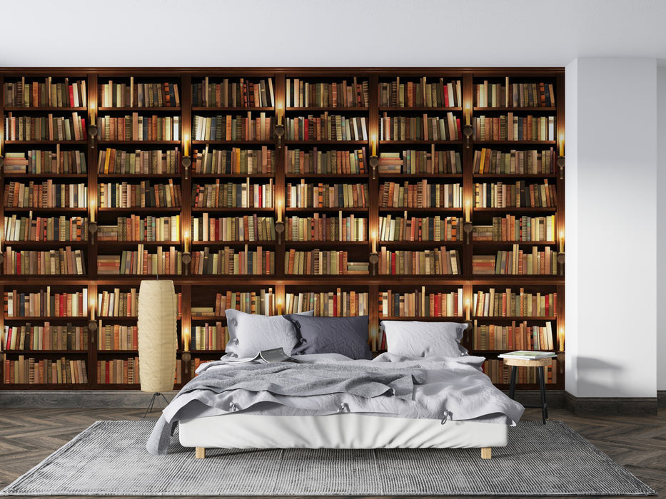 A bookshelf filled with books and wallpaper