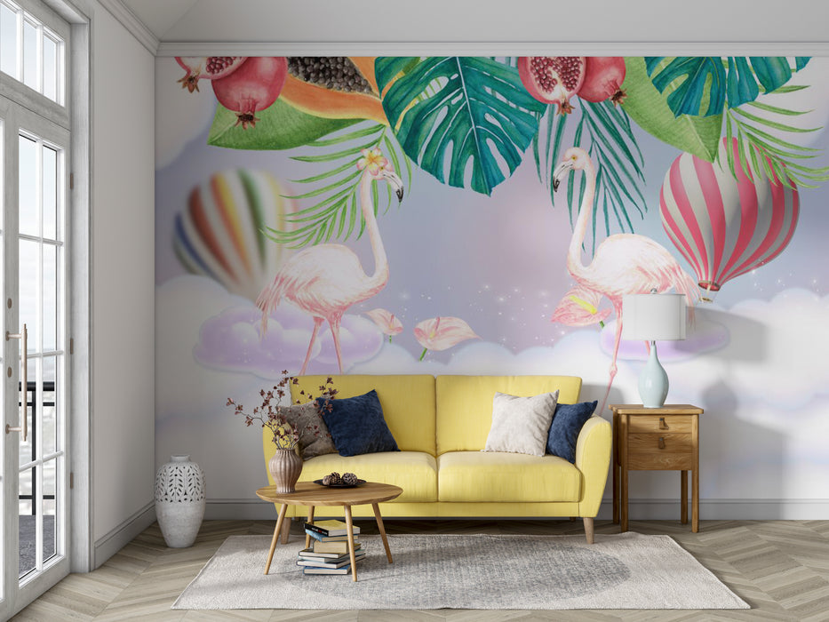 Modern wallpaper with pink flamingos standing on clouds