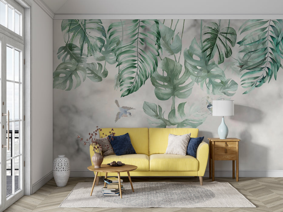 Wallpaper with emerald green tropical plant leaves