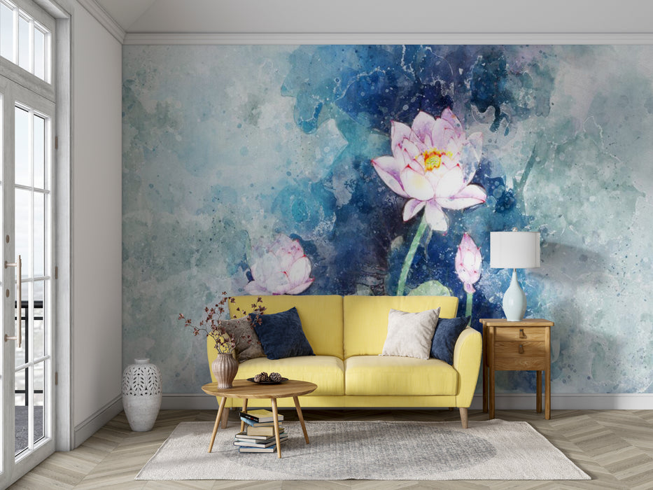 Modern wallpaper with blooming pink lotus flowers