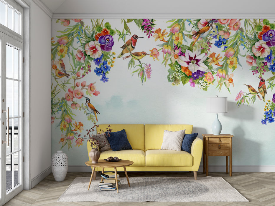 Wallpaper, murals, colorful flowers, and lively birds