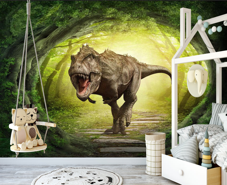 Dinosaurs rushed out of the tunnel surrounded by wallpaper and green plants