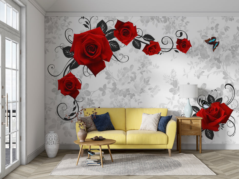 Wallpaper with vibrant red roses