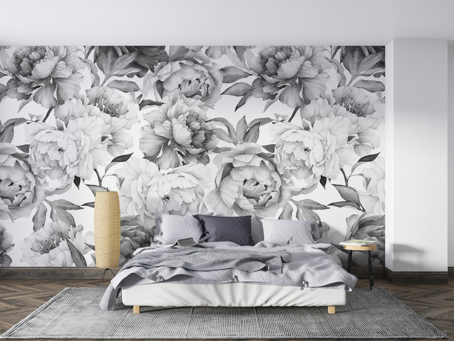 Wallpaper with black, white, and gray floral patterns