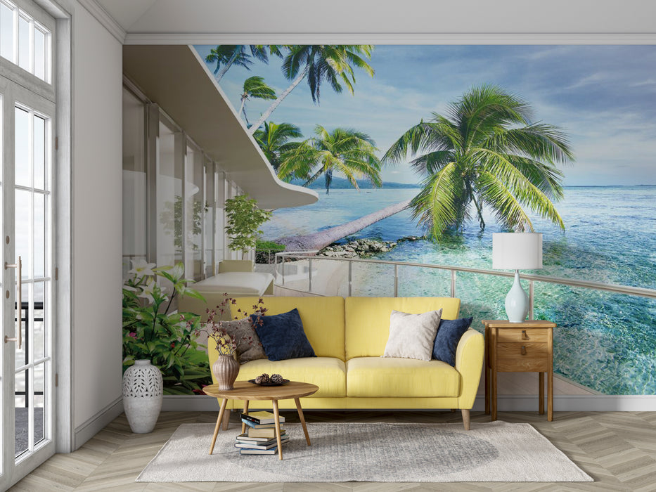 Under the azure sky, the blue sea shimmers with wallpaper murals