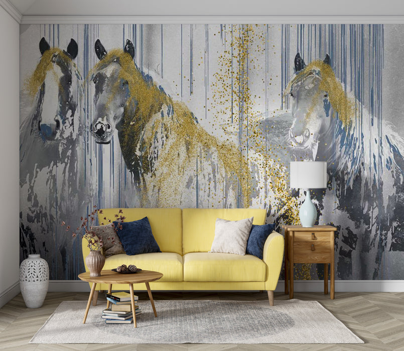 The gray and white background of the wallpaper highlights the agile postures of three horses