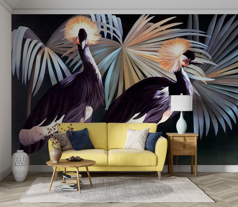 Two gray crowned crane wallpaper murals