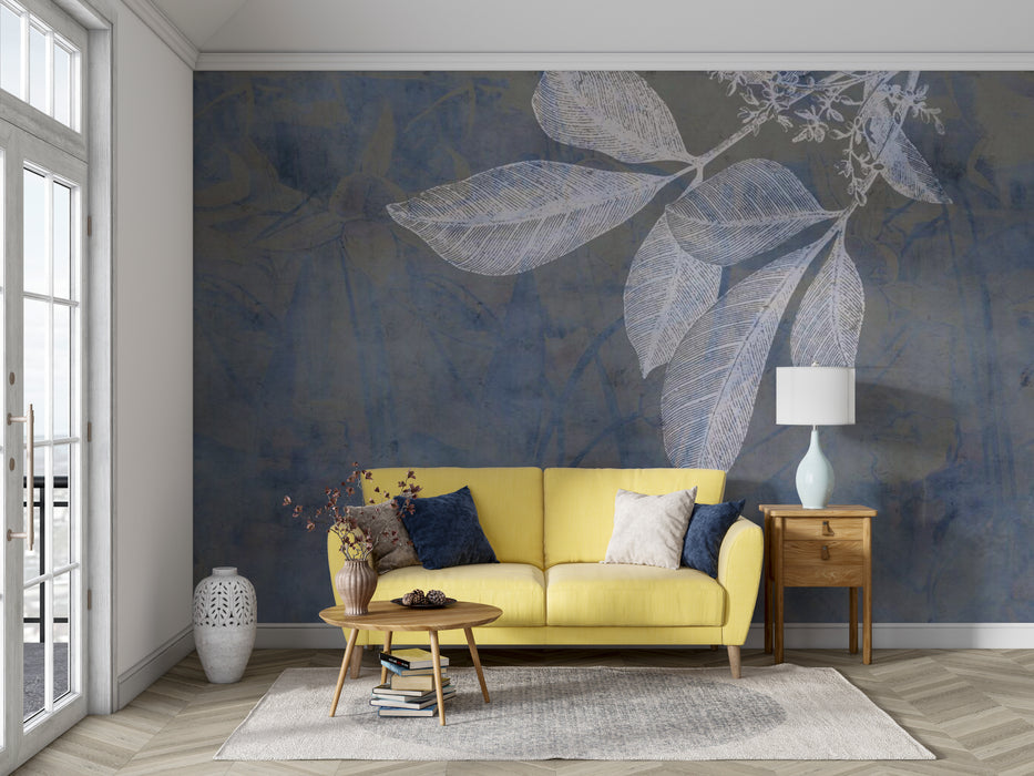 Blue gray leaf flower wallpaper mural