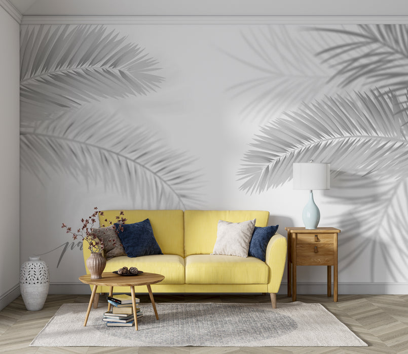 Wallpaper with a few palm leaves outlined in simple lines