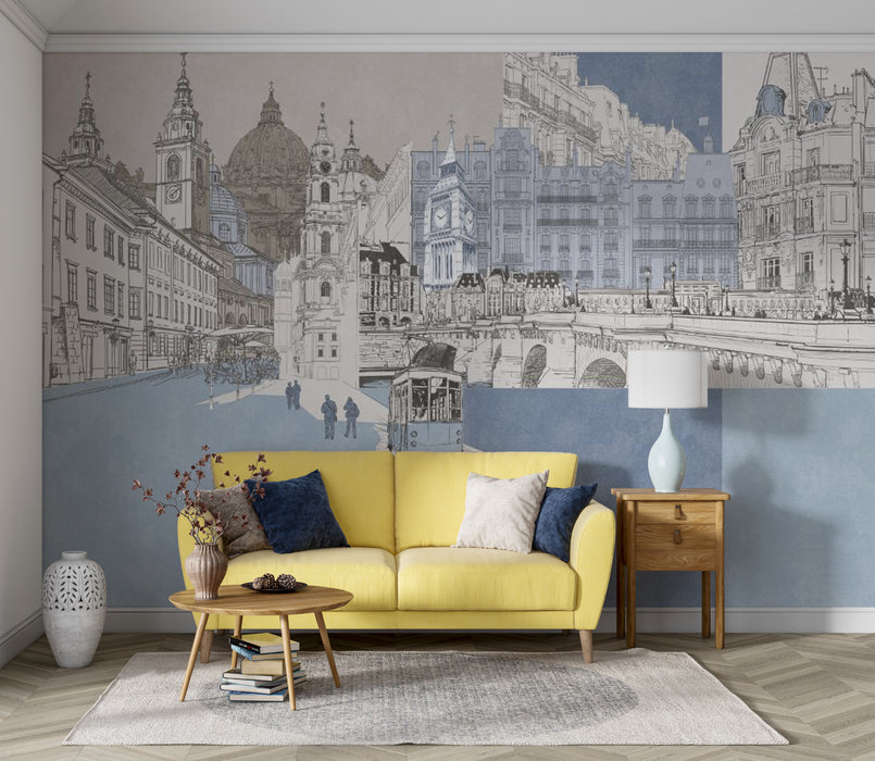 European style clock tower, wallpaper and murals