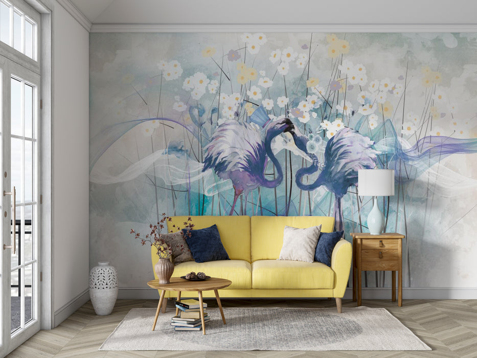 Two soft colored flamingo wallpaper murals