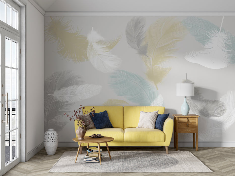 Wallpaper with elegant beige light feathers