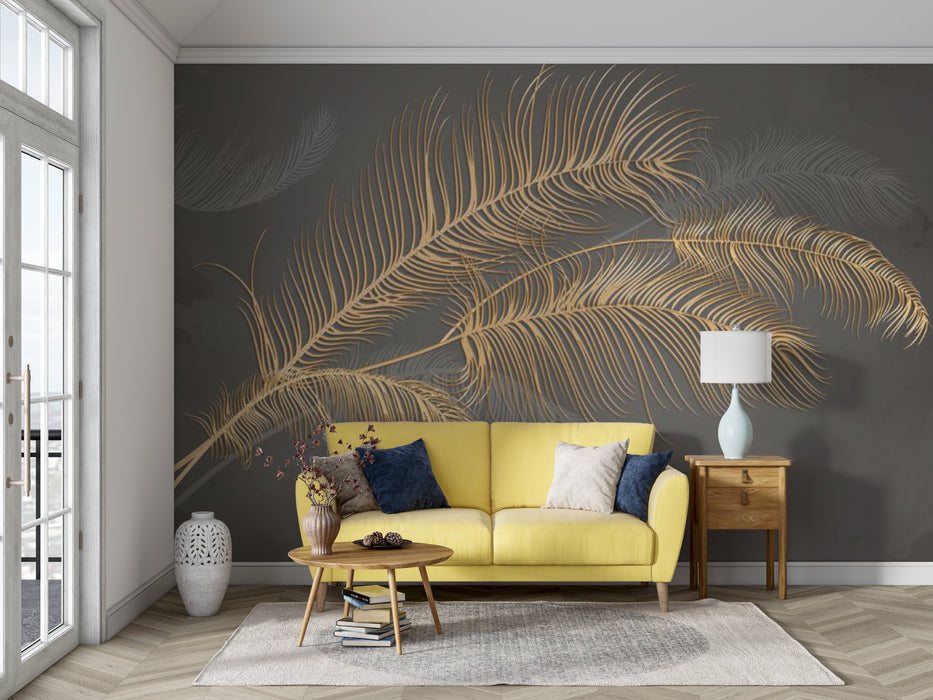 Golden feathers, full of dynamism, as if gently fluttering wallpaper murals