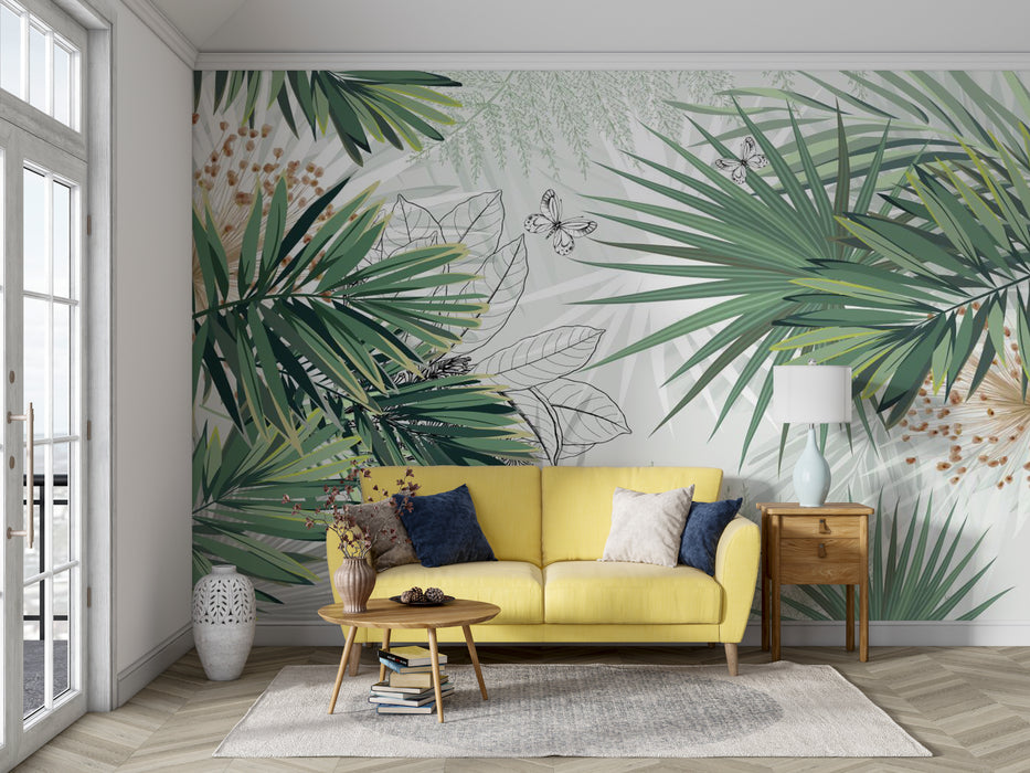 Peaceful Wallpaper Mural with Palm Leaves and Ferns