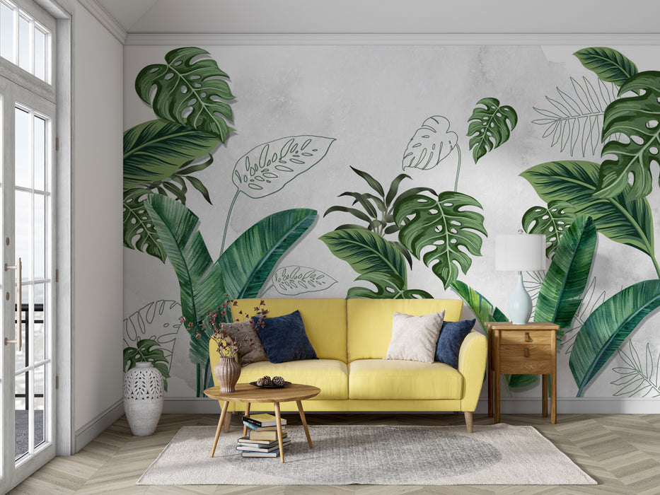 The wallpaper and murals in the courtyard showcase a rich tropical atmosphere