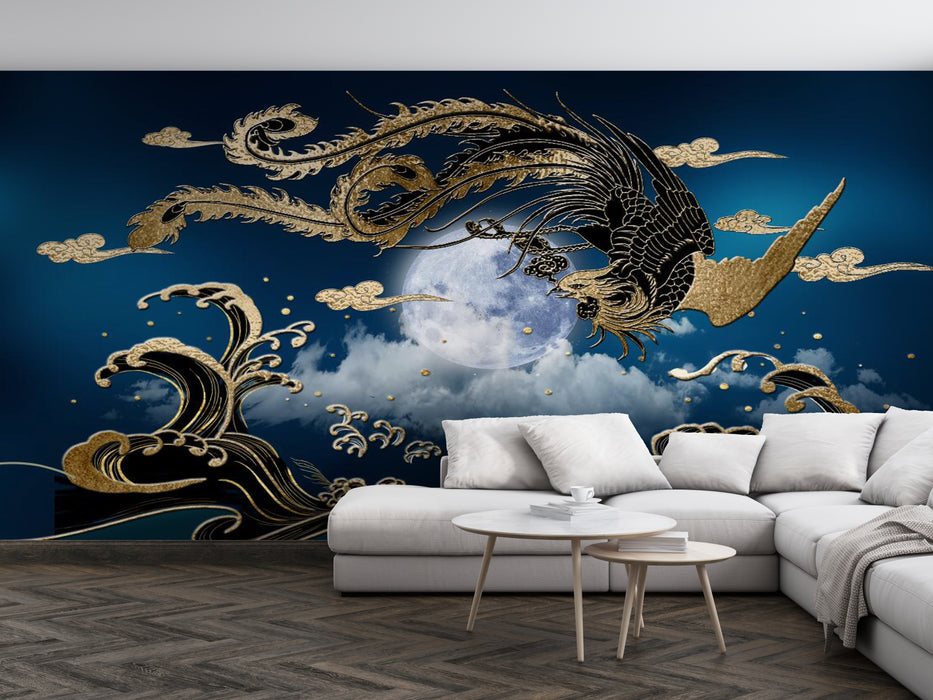 Wallpaper featuring a phoenix with alternating gold and black colors