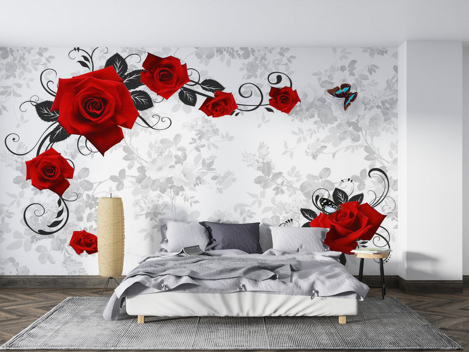 Wallpaper with vibrant red roses