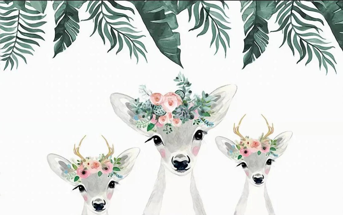 Wallpaper mural of three playful little deer with flower garlands on their heads